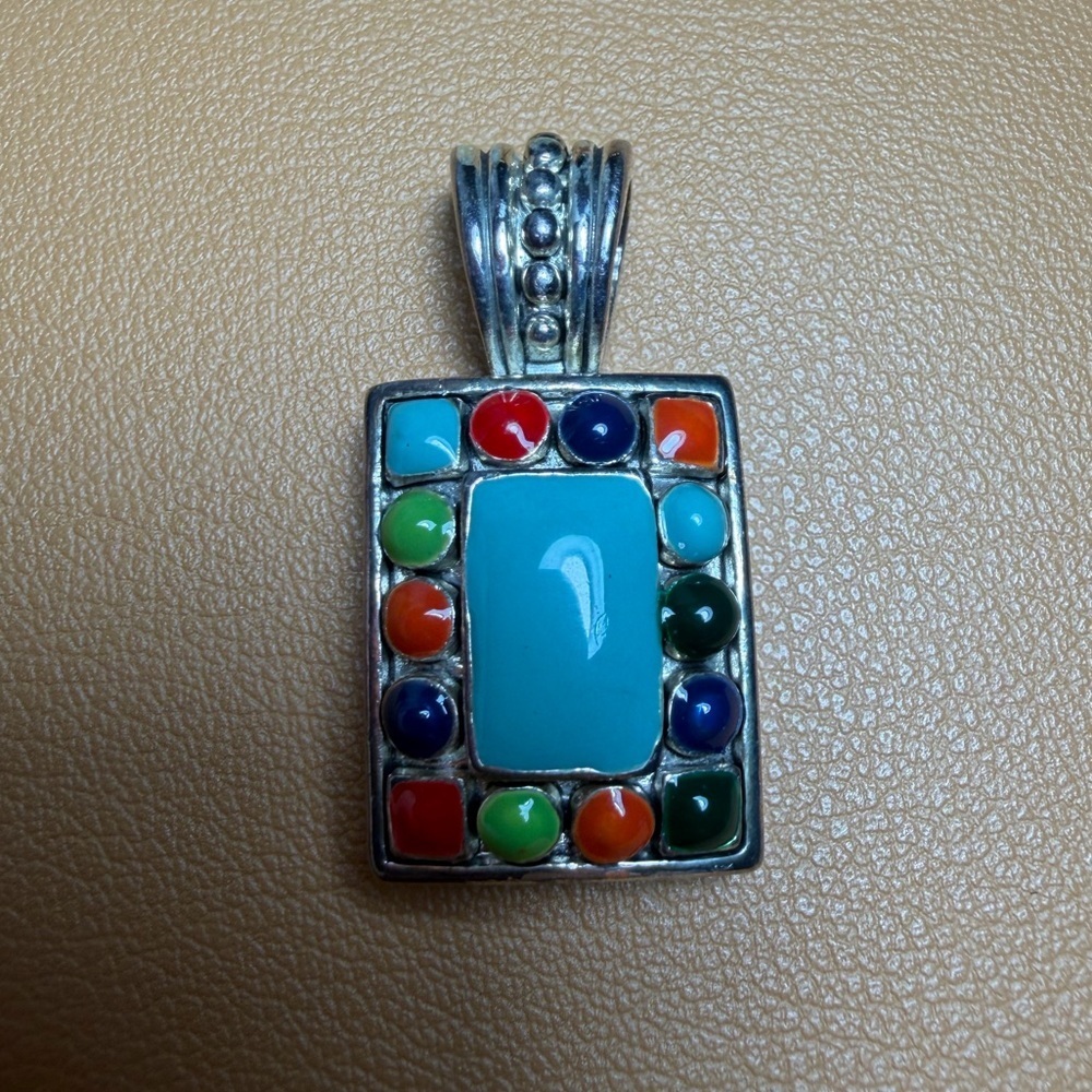 Vintage Style Sterling Silver Tone Turquoise Multi-Gemstone Pendant - Picture 5 of 9